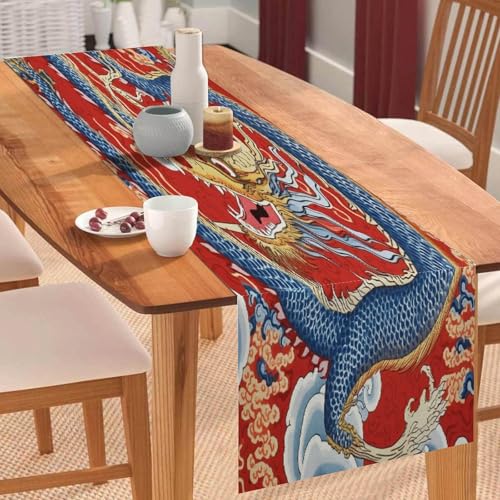 Lustiger Küchenchef, roter Drache, chinesisch, asiatisch inspiriert, Baumwoll-Leinen-Tischläufer, Bauernhaus-Stil, Küchendekoration, Tischläufer für Küche, Esstisch, besondere Anlässe von Yelolyio