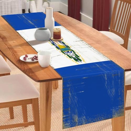 Vintage El Salvador Tischläufer mit Nationalflagge, El Salvador, Couchtischläufer, Feiertags-Tischdekoration für Küche, Esstisch, Dekoration für Zuhause, Party, Dekoration, 33 x 91 cm Vintage El Salvador Tischläufer mit Nationalflagge, El Salvador, Couchtischläufer, Feiertags-Tischdekoration für Küche, Esstisch, Dekoration für Zuhause, Party, Dekoration, 33 x 91 cm von Yelolyio