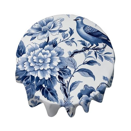 Yelolyio Blaue Indigo Chinoiserie Pfingstrose Blumen und Vogel Runde Tischdecke Dekorative Tischdecke Wasserdicht Flecken- und knitterarm für Esstisch, Buffet-Partys und Camping Yelolyio Blaue Indigo Chinoiserie Pfingstrose Blumen und Vogel Runde Tischdecke Dekorative Tischdecke Wasserdicht Flecken- und knitterarm für Esstisch, Buffet-Partys und Camping von Yelolyio