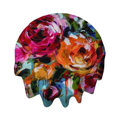 Yelolyio Bunte Tischdecke mit rosa Rosen, rund, dekorativ, wasserdicht, flecken- und knitterfrei, für Esstisch, Buffet-Partys und Camping von Yelolyio