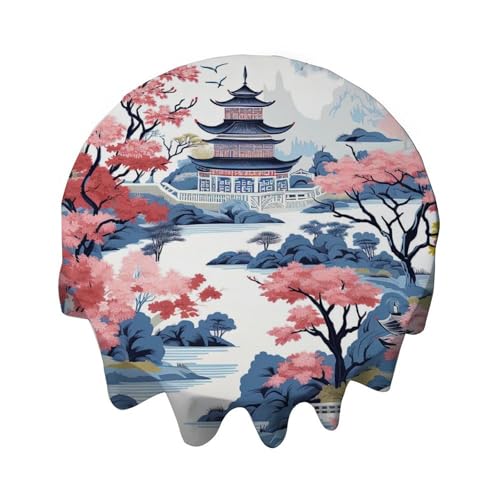 Yelolyio Chinoiserie Pagode Weiß Korallenblau asiatische runde Tischdecke dekorative Tischdecke wasserdicht flecken- und knitterarm für Esstisch, Buffetpartys und Camping Yelolyio Chinoiserie Pagode Weiß Korallenblau asiatische runde Tischdecke dekorative Tischdecke wasserdicht flecken- und knitterarm für Esstisch, Buffetpartys und Camping von Yelolyio