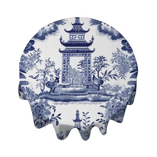 Yelolyio Chinoiserie Tischdecke, asiatische Pagode, rund, dekorativ, wasserdicht, flecken- und knitterfrei, für Esstisch, Buffet-Partys und Camping Yelolyio Chinoiserie Tischdecke, asiatische Pagode, rund, dekorativ, wasserdicht, flecken- und knitterfrei, für Esstisch, Buffet-Partys und Camping von Yelolyio