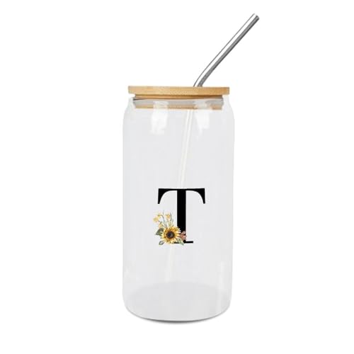 Yelolyio Gläser mit Deckel, Trinkhalme, Monogramm, Buchstabe T, Glasbecher, schwarzer Buchstabe, Sonnenblume, Rose, Blume, Glas, Tumbler inspiriert, Monogrammbecher, ideal für Limonade, Whiskey, Yelolyio Gläser mit Deckel, Trinkhalme, Monogramm, Buchstabe T, Glasbecher, schwarzer Buchstabe, Sonnenblume, Rose, Blume, Glas, Tumbler inspiriert, Monogrammbecher, ideal für Limonade, Whiskey, von Yelolyio