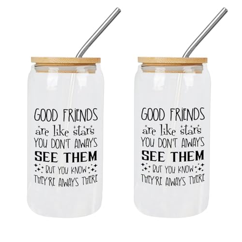 Yelolyio Glasbecher mit Deckel und Strohhalmen, Aufschrift "Good Friends are Like Stars", 2 Stück Yelolyio Glasbecher mit Deckel und Strohhalmen, Aufschrift "Good Friends are Like Stars", 2 Stück von Yelolyio