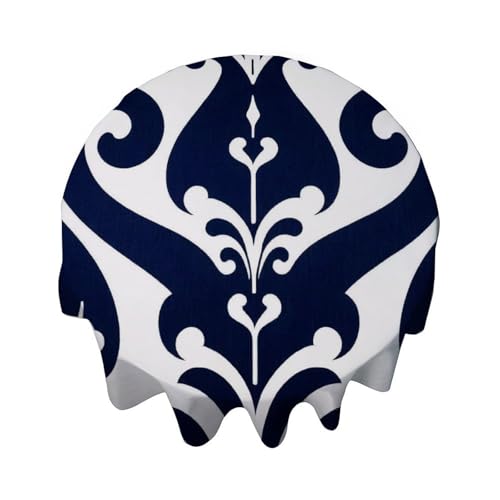 Yelolyio Ikat-Tischdecke, rund, dekorativ, wasserdicht, flecken- und knitterfrei, für Esstisch, Buffet-Partys und Camping, Marineblau von Yelolyio