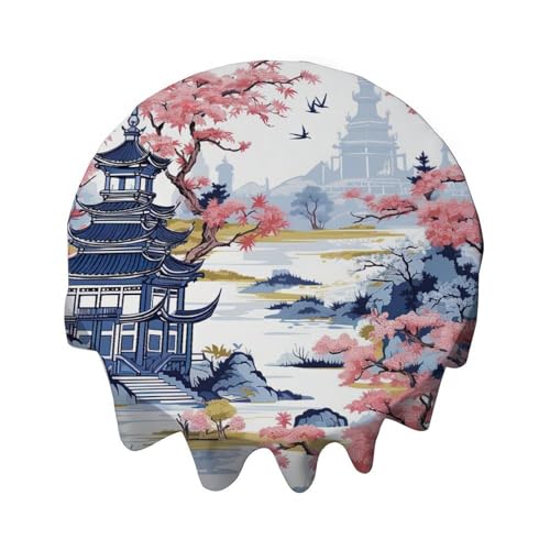 Yelolyio Runde Tischdecke, 137,2 cm, Chinoiserie-Pagode, weiß, korallenblau, asiatische Tischdecke, waschbar, Tischdecke, Dekoration für Esszimmer, Party, Outdoor, Picknick Yelolyio Runde Tischdecke, 137,2 cm, Chinoiserie-Pagode, weiß, korallenblau, asiatische Tischdecke, waschbar, Tischdecke, Dekoration für Esszimmer, Party, Outdoor, Picknick von Yelolyio