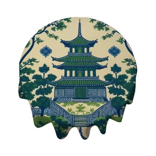 Yelolyio Runde Tischdecke, 137,2 cm, Grün und Elfenbein, Chinoiserie, Teehaus, Pagode, Tischdecke, Dekoration für Esszimmer, Party, Outdoor, Picknick Yelolyio Runde Tischdecke, 137,2 cm, Grün und Elfenbein, Chinoiserie, Teehaus, Pagode, Tischdecke, Dekoration für Esszimmer, Party, Outdoor, Picknick von Yelolyio