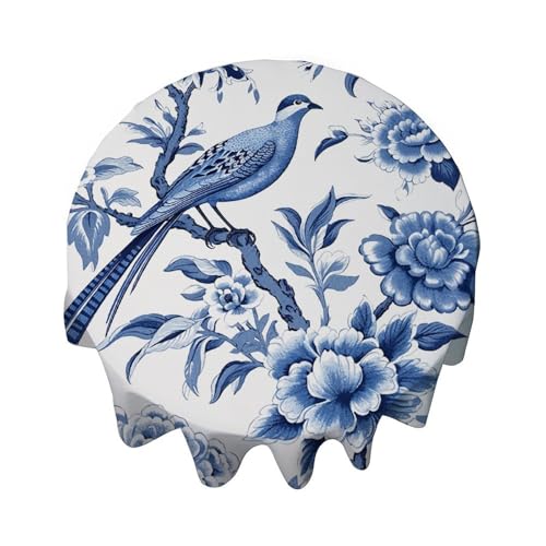 Yelolyio Runde Tischdecke, 137,2 cm, blauer Indigo, Vogel und Blumen, Chinoiserie, Tischdecke, Dekoration für Esszimmer, Party, Outdoor, Picknick Yelolyio Runde Tischdecke, 137,2 cm, blauer Indigo, Vogel und Blumen, Chinoiserie, Tischdecke, Dekoration für Esszimmer, Party, Outdoor, Picknick von Yelolyio