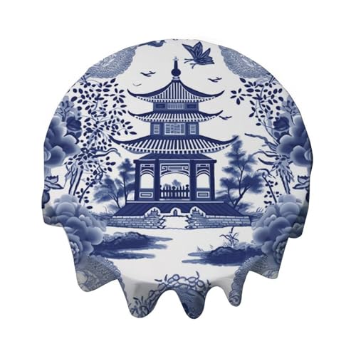 Yelolyio Runde Tischdecke, 91,4 cm, Chinoiserie Blau, asiatische Pagode, Tischdecke, waschbar, Tischdecke, Dekoration für Esszimmer, Party, Outdoor, Picknick Yelolyio Runde Tischdecke, 91,4 cm, Chinoiserie Blau, asiatische Pagode, Tischdecke, waschbar, Tischdecke, Dekoration für Esszimmer, Party, Outdoor, Picknick von Yelolyio