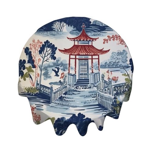 Yelolyio Runde Tischdecke, 91,4 cm, Chinoiserie-Pagode, Weiß, Korallenblau, Tischdecke, waschbar, Tischdecke, Dekoration für Esszimmer, Party, Outdoor, Picknick Yelolyio Runde Tischdecke, 91,4 cm, Chinoiserie-Pagode, Weiß, Korallenblau, Tischdecke, waschbar, Tischdecke, Dekoration für Esszimmer, Party, Outdoor, Picknick von Yelolyio