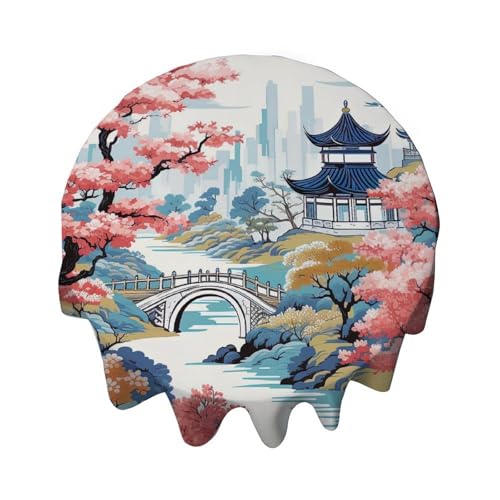 Yelolyio Tischdecke, rund, 137 cm, Chinoiserie Pagode, weiß, Korallenblau, asiatische Tischdecke, Dekoration für Buffet-Tische, Partys, Feiertagsessen, Abendessen, Hochzeit Yelolyio Tischdecke, rund, 137 cm, Chinoiserie Pagode, weiß, Korallenblau, asiatische Tischdecke, Dekoration für Buffet-Tische, Partys, Feiertagsessen, Abendessen, Hochzeit von Yelolyio