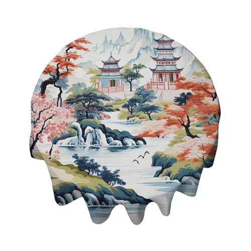 Yelolyio Tischdecke, rund, 91,4 cm, Chinoiserie Pagode, weiß, Korallenblau, asiatische Tischdecke, Dekoration für Buffet-Tische, Partys, Feiertagsessen, Abendessen, Hochzeit Yelolyio Tischdecke, rund, 91,4 cm, Chinoiserie Pagode, weiß, Korallenblau, asiatische Tischdecke, Dekoration für Buffet-Tische, Partys, Feiertagsessen, Abendessen, Hochzeit von Yelolyio