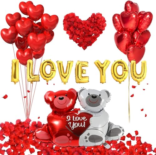 Valentinstagsdekorationen, Herz-Ballon-Set, "I Love You", 1000 Stück, rote Rosenblätter, Folienballon mit Aufschrift "I Love You And Bear", für Valentinstag, Hochzeit, Jahrestag, Verlobung, von Yelschwa