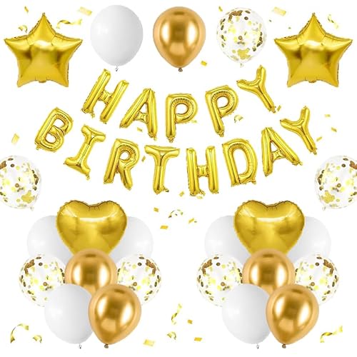 Goldballon-Geburtstagsdekorationen, 42 Stück, goldfarbene "Happy Birthday"-Buchstaben, Ballon-Banner, Pentagramm, Herz-Folienballon-Set, für Jungen und Mädchen, Partyzubehör von Yeodong
