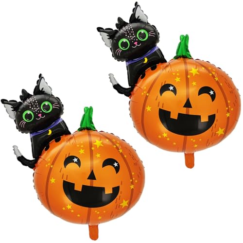 Kürbisballons mit Katze, Halloween-Kürbis-Dekorationen, Jumbo-Grusel-Kürbis-Katze, Folienballons für Süßes oder Saures, Spukhaus, Halloween-Party-Dekorationen, Zubehör, 2 Stück von Yeodong