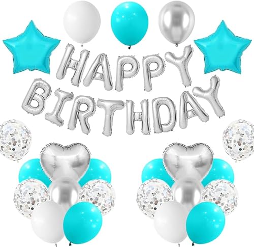 Silberne Geburtstagsballon-Dekorationen, 42 Stück, silberfarbene "Happy Birthday"-Buchstaben, Ballon-Banner, Pentagramm, Herz-Folienballon-Set, für Jungen und Mädchen, Partyzubehör von Yeodong