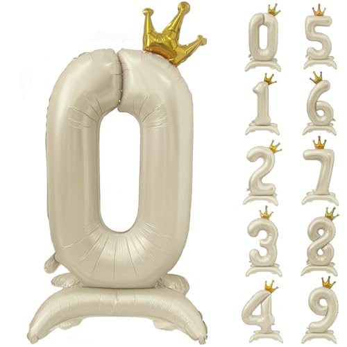 Weißer Ballon mit Zahl 0, 101,6 cm, cremeweiße Kronenballons 0-9, stehend, beige, Zahlenballon mit Krone, Geburtstagsparty-Dekorationen, Zubehör von Yeodong