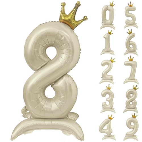 Weißer Ballon mit Zahl 8, 101,6 cm, cremeweiße Kronenballons 0-9, stehend, beige, Zahl 8, Ballon mit Krone, Geburtstagsparty-Dekorationen, Zubehör von Yeodong