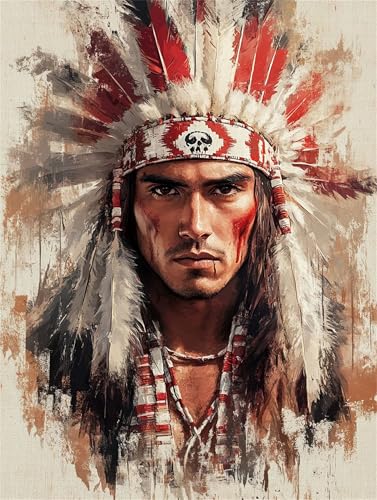 Diamond Painting Indianer Diamond Painting Erwachsene Groß XXL Mann 40x50cm DIY 5D Crystal Strass Stickerei Kreuzstich Kinder Diamant Malerei Leinwand Kit, Geschenke für Zuhause Wand Dekoration L-1390 von Yeogcohe