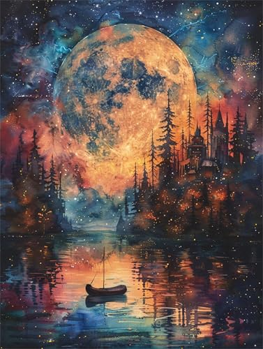 Diamond Painting Landschaft Diamond Painting Erwachsene Groß Mond 70x90cm DIY 5D Crystal Strass Stickerei Kreuzstich Kinder Diamant Malerei Leinwand Kit,Geschenke für Zuhause Wand Dekoration L-1095 von Yeogcohe