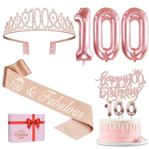 100 Geburtstag Dekorationen für Frauen, einschließlich Schärpe und Tiara, Geburtstag Kuchen Topper und Zahl 100 Kerzen, Rose Gold 100 Luftballons, 100 Geburtstagsgeschenke Frauen von YeohJoy