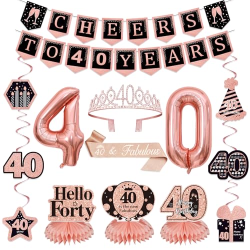 14 Stück Dekorationen zum 40. Geburtstag für Frauen mit Banner, hängenden Wirbel, Luftballons, Krone und Schärpe, Tischwaben Tafelaufsätze, Happy 40th Birthday Dekorationen 14 Stück Dekorationen zum 40. Geburtstag für Frauen mit Banner, hängenden Wirbel, Luftballons, Krone und Schärpe, Tischwaben Tafelaufsätze, Happy 40th Birthday Dekorationen von YeohJoy
