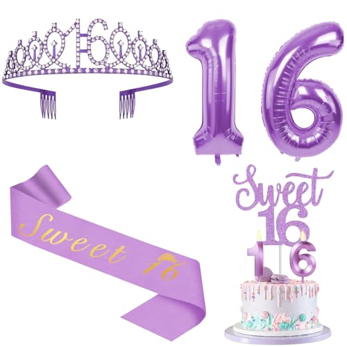 16 Geburtstag Dekorationen für Mädchen Lila mit Schärpe und Krone 16 Geburtstag Kuchen Topper Kerzen Zahlenballons 16 Jahre alt Geschenke für Mädchen 16 Geburtstag Dekorationen für Mädchen Lila mit Schärpe und Krone 16 Geburtstag Kuchen Topper Kerzen Zahlenballons 16 Jahre alt Geschenke für Mädchen von YeohJoy