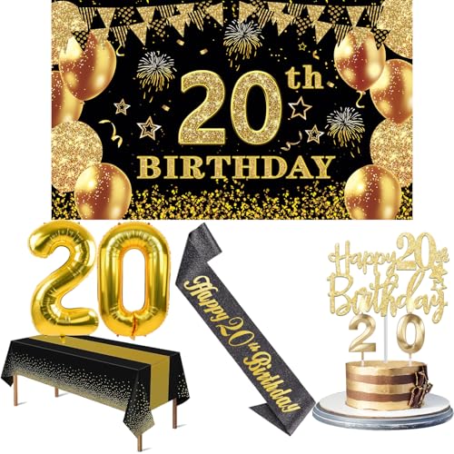 20 Geburtstag Dekorationen für Sie und Ihn mit Banner, Schwarz und Gold Tischdecke, Zahlenballons, große Schärpe zum 20. Geburtstag, Tortenaufsatz und Kerzen 20 Geburtstag Dekorationen für Sie und Ihn mit Banner, Schwarz und Gold Tischdecke, Zahlenballons, große Schärpe zum 20. Geburtstag, Tortenaufsatz und Kerzen von YeohJoy