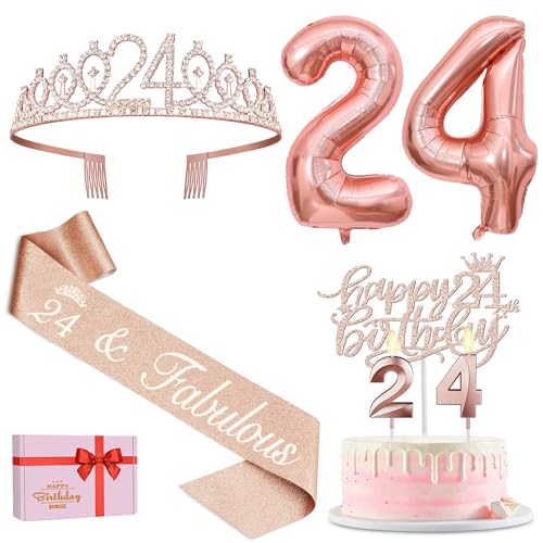 24 Geburtstag Dekorationen für Frauen Einschließlich 24 Geburtstag Schärpe für Frauen, Tiara/Krone, Zahl 24 Kerzen und Cake Topper, 24 Zahlenballons, Roségold 24 Geburtstagsgeschenke für Frauen von YeohJoy