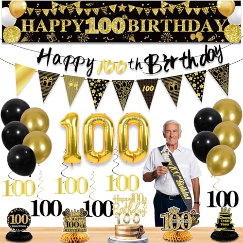 27 Stück 100. Geburtstag Dekorationen für Männer, Schwarz Gold 100. Party Dekorationen, Happy 100th Birthday Banner Waben hängende Wirbel Kuchen Topper und Luftballons Kit Party Supplies 27 Stück 100. Geburtstag Dekorationen für Männer, Schwarz Gold 100. Party Dekorationen, Happy 100th Birthday Banner Waben hängende Wirbel Kuchen Topper und Luftballons Kit Party Supplies von YeohJoy