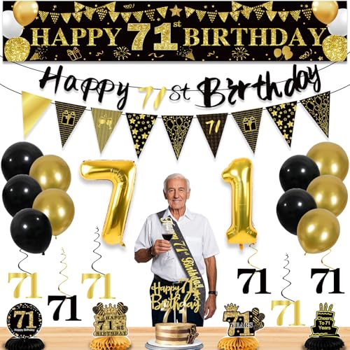 27 Stück 71. Geburtstag Dekorationen für Männer, Schwarz Gold 71. Party Dekorationen, Happy 71st Birthday Banner Waben hängende Wirbel Kuchen Topper und Luftballons Kit Party Supplies 27 Stück 71. Geburtstag Dekorationen für Männer, Schwarz Gold 71. Party Dekorationen, Happy 71st Birthday Banner Waben hängende Wirbel Kuchen Topper und Luftballons Kit Party Supplies von YeohJoy