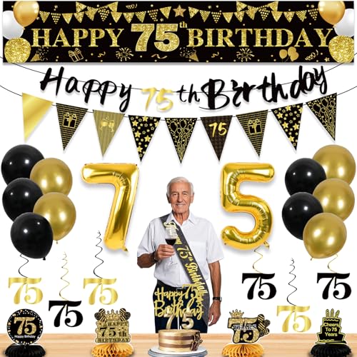 27 Stück 75. Geburtstag Dekorationen für Männer, Schwarz Gold 75. Party Dekorationen, Happy 75th Birthday Banner Waben hängende Wirbel Kuchen Topper und Luftballons Kit Party Supplies 27 Stück 75. Geburtstag Dekorationen für Männer, Schwarz Gold 75. Party Dekorationen, Happy 75th Birthday Banner Waben hängende Wirbel Kuchen Topper und Luftballons Kit Party Supplies von YeohJoy