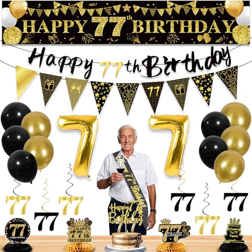 27 Stück 77. Geburtstag Dekorationen für Männer, Schwarz Gold 77. Party Dekorationen, Happy 77th Birthday Banner Waben hängende Wirbel Kuchen Topper und Luftballons Kit Party Supplies 27 Stück 77. Geburtstag Dekorationen für Männer, Schwarz Gold 77. Party Dekorationen, Happy 77th Birthday Banner Waben hängende Wirbel Kuchen Topper und Luftballons Kit Party Supplies von YeohJoy