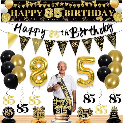 27 Stück 85. Geburtstag Dekorationen für Männer, Schwarz Gold 85. Party Dekorationen, Happy 85th Birthday Banner Waben hängende Wirbel Kuchen Topper und Luftballons Kit Party Supplies 27 Stück 85. Geburtstag Dekorationen für Männer, Schwarz Gold 85. Party Dekorationen, Happy 85th Birthday Banner Waben hängende Wirbel Kuchen Topper und Luftballons Kit Party Supplies von YeohJoy