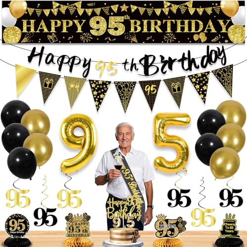 27 Stück 95. Geburtstag Dekorationen für Männer, Schwarz Gold 95. Party Dekorationen, Happy 95th Birthday Banner Waben hängende Wirbel Kuchen Topper und Luftballons Kit Party Supplies 27 Stück 95. Geburtstag Dekorationen für Männer, Schwarz Gold 95. Party Dekorationen, Happy 95th Birthday Banner Waben hängende Wirbel Kuchen Topper und Luftballons Kit Party Supplies von YeohJoy