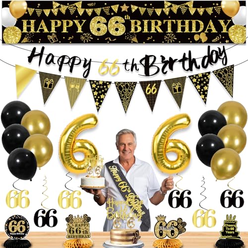 27 Stück Dekorationen zum 66. Geburtstag für Männer, schwarz-goldene Party-Dekorationen zum 66. Geburtstag, Banner mit Wabenmuster, Kuchendekoration und Luftballons, Partyzubehör 27 Stück Dekorationen zum 66. Geburtstag für Männer, schwarz-goldene Party-Dekorationen zum 66. Geburtstag, Banner mit Wabenmuster, Kuchendekoration und Luftballons, Partyzubehör von YeohJoy