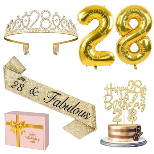 28 Geburtstag Dekorationen für Frauen Gold Set mit 28 Geburtstag Tiara und Schärpe, 28 Geburtstag Kuchen Topper und Zahl 28 Kerzen, 28 Ballon Zahlen, 28 Geburtstagsgeschenke für Frauen 28 Geburtstag Dekorationen für Frauen Gold Set mit 28 Geburtstag Tiara und Schärpe, 28 Geburtstag Kuchen Topper und Zahl 28 Kerzen, 28 Ballon Zahlen, 28 Geburtstagsgeschenke für Frauen von YeohJoy