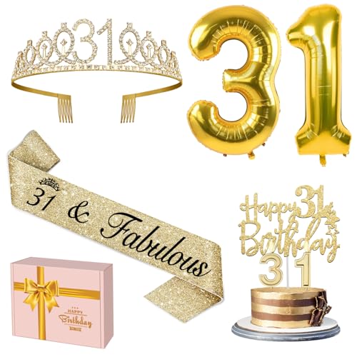 31 Geburtstag Dekorationen für Frauen Gold mit Diadem zum 31. Geburtstag und Schärpe, Tortenaufsatz und Zahlenkerzen, Zahlenballons, 31 Jahre alte Geschenke für Frauen 31 Geburtstag Dekorationen für Frauen Gold mit Diadem zum 31. Geburtstag und Schärpe, Tortenaufsatz und Zahlenkerzen, Zahlenballons, 31 Jahre alte Geschenke für Frauen von YeohJoy