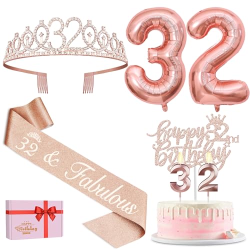 32 Geburtstagsdekorationen für Frauen, einschließlich Schärpe und Diadem, Tortenaufsatz und Kerzen, Zahlenballons, 32 Jahre alte Geschenke für Frauen 32 Geburtstagsdekorationen für Frauen, einschließlich Schärpe und Diadem, Tortenaufsatz und Kerzen, Zahlenballons, 32 Jahre alte Geschenke für Frauen von YeohJoy