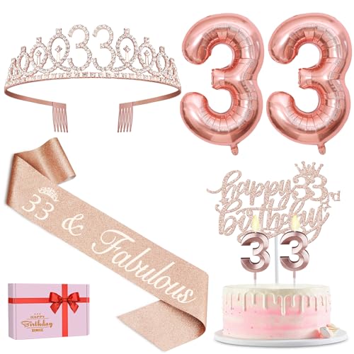 33 Geburtstagsdekorationen für Frauen, einschließlich Schärpe und Diadem, Tortenaufsatz und Kerzen, Zahlenballons, 33 Jahre alte Geschenke für Frauen 33 Geburtstagsdekorationen für Frauen, einschließlich Schärpe und Diadem, Tortenaufsatz und Kerzen, Zahlenballons, 33 Jahre alte Geschenke für Frauen von YeohJoy