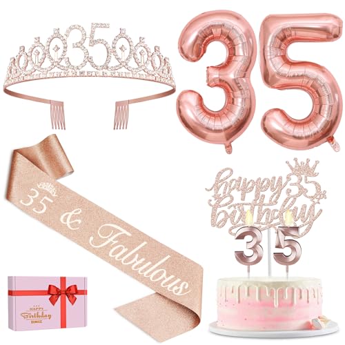 35 Geburtstag Dekorationen für Frauen, einschließlich 35 Geburtstag Schärpe für Frauen, Tiara/Krone, Zahl 35 Kerzen und Geburtstagstortenaufsatz, Roségold Luftballons 35, Geschenke zum 35. Geburtstag von YeohJoy