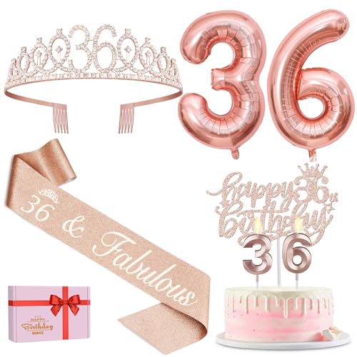 Dekorationen zum 36. Geburtstag für Frauen, einschließlich Schärpe zum 36. Geburtstag, Tiara/Krone, Kerzen und Tortenaufsatz, Luftballons der Zahl 36, Geschenke zum 36. Geburtstag für Frauen, von YeohJoy