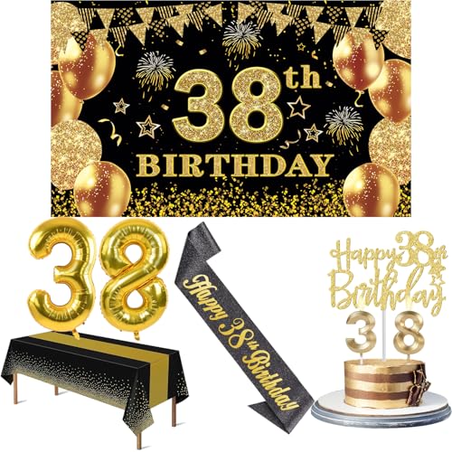 38 Geburtstag Dekorationen Männer Frauen mit 38 Geburtstag Banner, Schwarz und Gold Tischdecke, 38 Zahlenballons, 38 Geburtstag Schärpe, 38 Geburtstag Kuchen Topper und 38 Geburtstag Kerzen von YeohJoy