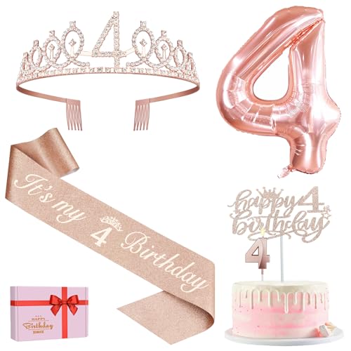 4 Geburtstag Dekorationen für Mädchen, einschließlich 4 Geburtstag Schärpe und Tiara, 4 Kerzen und Tortenaufsätze, Rose Gold Luftballons, 3D Geburtstagskarte, Barbie Mädchen Geschenke für 4 Geburtstag von YeohJoy