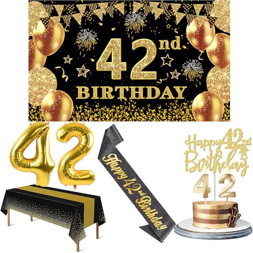 42 Geburtstag Dekorationen Männer Frauen mit Banner 42 Geburtstag Schwarz Gold Tischdecke, 42 Zahlenballons, 42 Geburtstag Schärpe, 42 Geburtstag Kuchen Topper und 42 Geburtstag Kerzen von YeohJoy