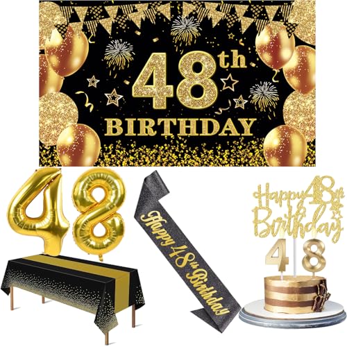48 Geburtstag Dekorationen Männer Frauen mit 48 Geburtstag Banner, Schwarz und Gold Tischdecke, 48 Zahlenballons, 48 Geburtstag Schärpe, 48 Geburtstag Kuchen Topper und 48 Geburtstag Kerzen von YeohJoy