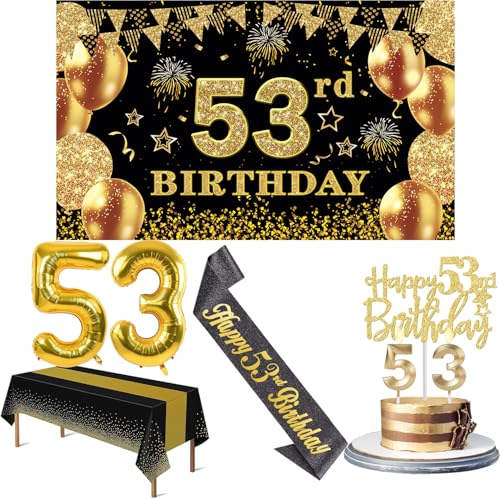 53 Geburtstag Dekorationen Männer Frauen mit 53 Geburtstag Banner, Schwarz und Gold Tischdecke, 53 Zahlenballons, 53 Geburtstag Schärpe, 53 Geburtstag Kuchen Topper und 53 Geburtstag Kerzen von YeohJoy