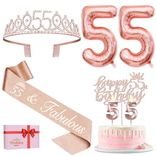55 Geburtstagsdekorationen für Frauen, einschließlich Schärpe zum 55. Geburtstag, Tiara zum 55. Geburtstag, Kerzen und Tortenaufsatz, Luftballons der Zahl 55, 55. Geburtstag Dekorationen Geburtstag von YeohJoy