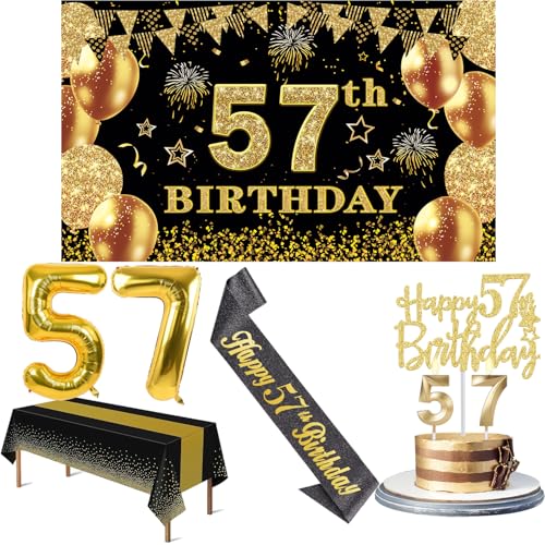 57 Geburtstag Dekorationen Männer Frauen mit 57 Geburtstag Banner, Schwarz und Gold Tischdecke, 57 Zahlenballons, 57 Geburtstag Schärpe, 57 Geburtstag Kuchen Topper und 57 Geburtstag Kerzen von YeohJoy