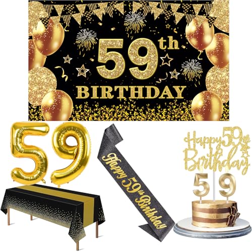 59 Geburtstag Dekorationen Männer Frauen mit 59 Geburtstag Banner, Schwarz und Gold Tischdecke, 59 Zahlenballons, 59 Geburtstag Schärpe, 59 Geburtstag Kuchen Topper und 59 Geburtstag Kerzen von YeohJoy